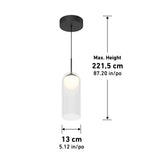 Pendant light fixture with a cylindrical glass shade, black mount, and a hanging cord. Dimensions: 13 cm (5.12 in) wide and maximum height of 221.5 cm (87.20 in). Measurements are labeled beside the fixture.