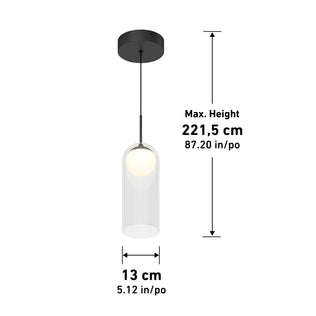 The Artika Mirah LED modern mid-century pendant light 3 CCT features a cylindrical clear glass shade, black mount, adjustable cord, 13 cm (5.12 in.) diameter, and max height of 221.5 cm (87.20 in.).