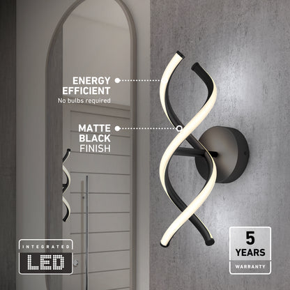 Spiral-shaped 800-lumen matte black DNA modern LED wall sconce 3 CCT with energy-efficient integrated design and a 5-year warranty.