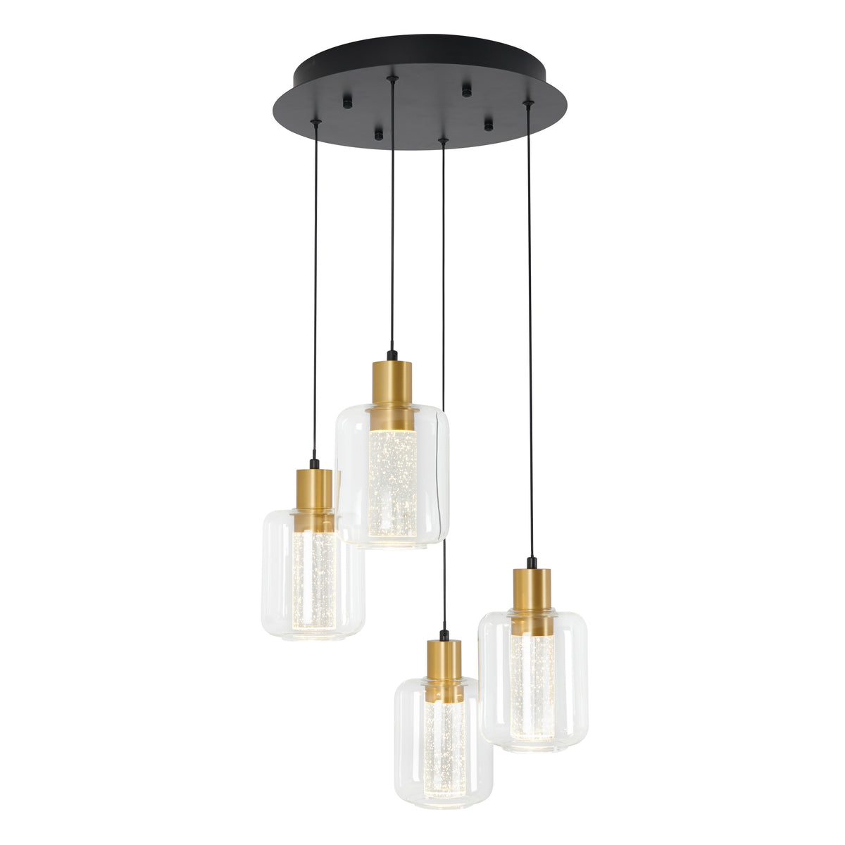 A modern pendant light fixture with four clear glass cylindrical shades, each featuring gold accents and suspended at different heights from a round black ceiling mount.
