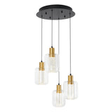 A modern pendant light fixture with four clear glass cylindrical shades, each featuring gold accents and suspended at different heights from a round black ceiling mount.