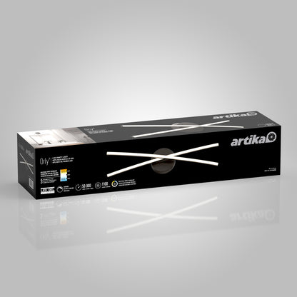 A rectangular box for the Artika Orly modern LED bathroom vanity light 3 CCT, showing a photo of the fixture, product details, and branding on a gray gradient background.