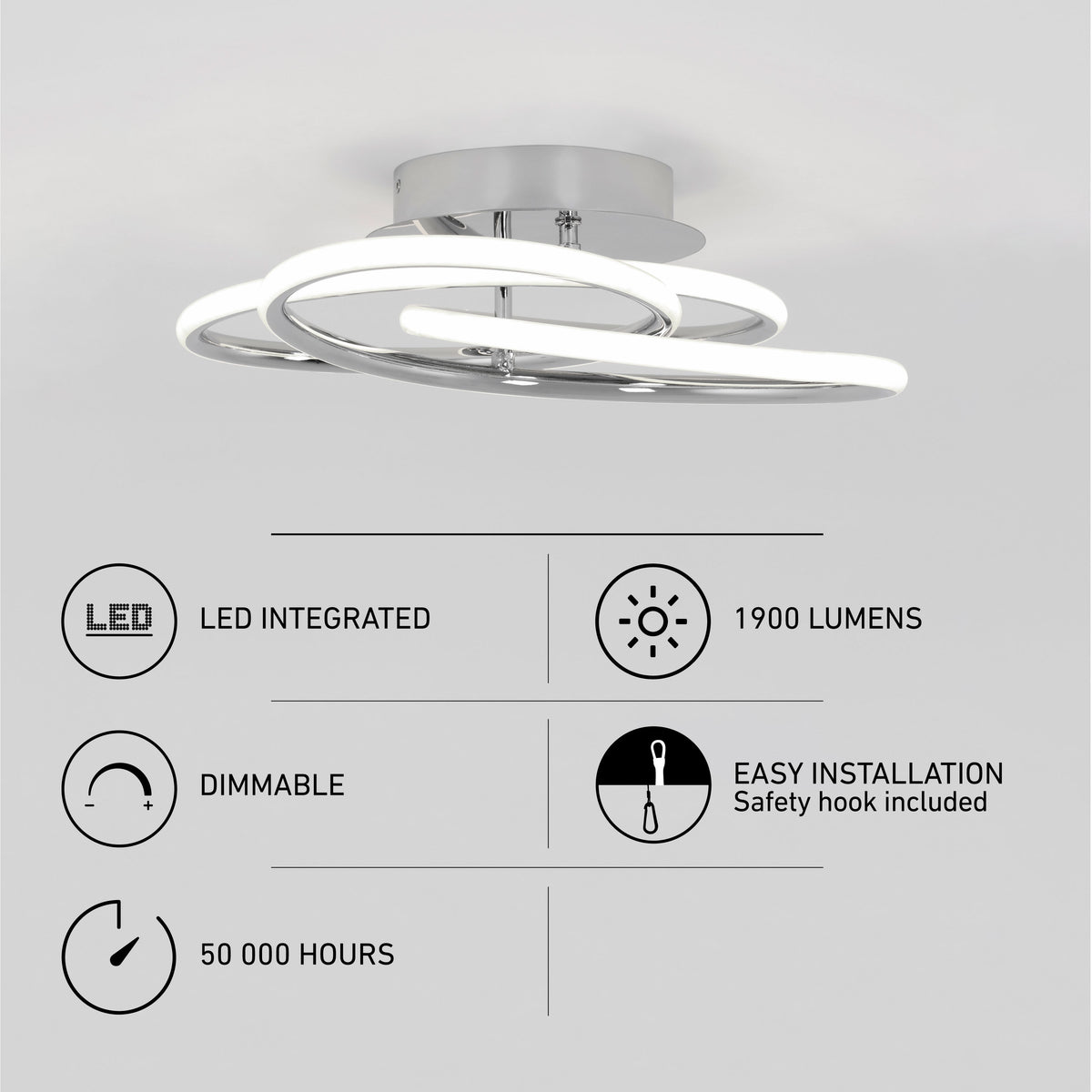 Modern LED ceiling light with swirling white rings. Text highlights features: LED integrated, 1900 lumens, dimmable, 50,000 hours lifespan, easy installation with safety hook included. Light has a sleek, contemporary design.