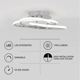Modern LED ceiling light with swirling white rings. Text highlights features: LED integrated, 1900 lumens, dimmable, 50,000 hours lifespan, easy installation with safety hook included. Light has a sleek, contemporary design.