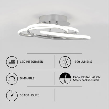 The Artika Swirl Butterfly LED contemporary flush mount light features a silver finish, curved design, integrated LED (1900 lumens), dimmable function, 50,000-hour lifespan, and easy installation with a safety hook.