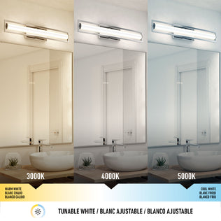 A bathroom features the Artika Rialto modern LED bathroom vanity light 3 CCT above the mirror, shown in warm white (3000K), neutral white (4000K), and cool white (5000K) to highlight its tunable, dimmable lighting options.