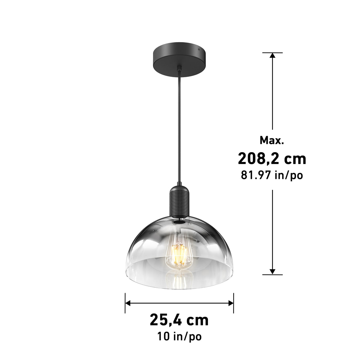 The Artika Nella Pendant without Bulbs features a clear glass shade, black cord, and ceiling mount. It measures 25.4 cm (10 in) wide with a max hanging length of 208.2 cm (81.97 in), showcasing an exposed bulb inside the glass shade.