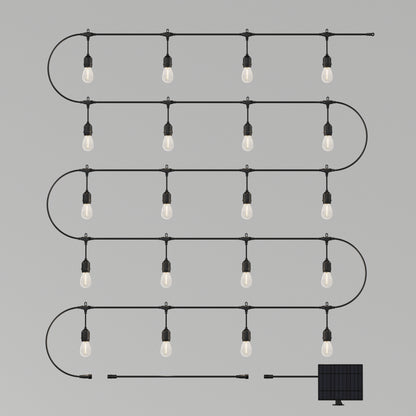 The Artika Blaze 20 LED Outdoor Solar String Lights feature 20 evenly spaced bulbs in a zigzag pattern, with a weather-resistant LED string and a compact solar panel attached. Shown against a plain gray background.