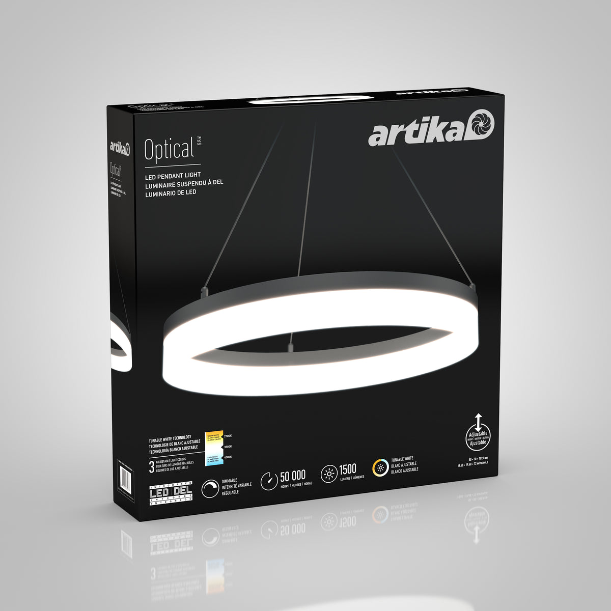 A black product box displaying the Artika Optical LED pendant light, shown as a modern, circular hanging fixture. The box highlights features like dimmability, 50,000-hour lifespan, 3 color options, and 1500 lumens.