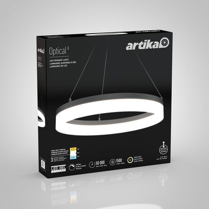 A black box for the Artika Optical LED pendant light 3 CCT shows a circular fixture image and icons for features like dimmable, 50,000-hour lifespan, and 1,500 lumens.