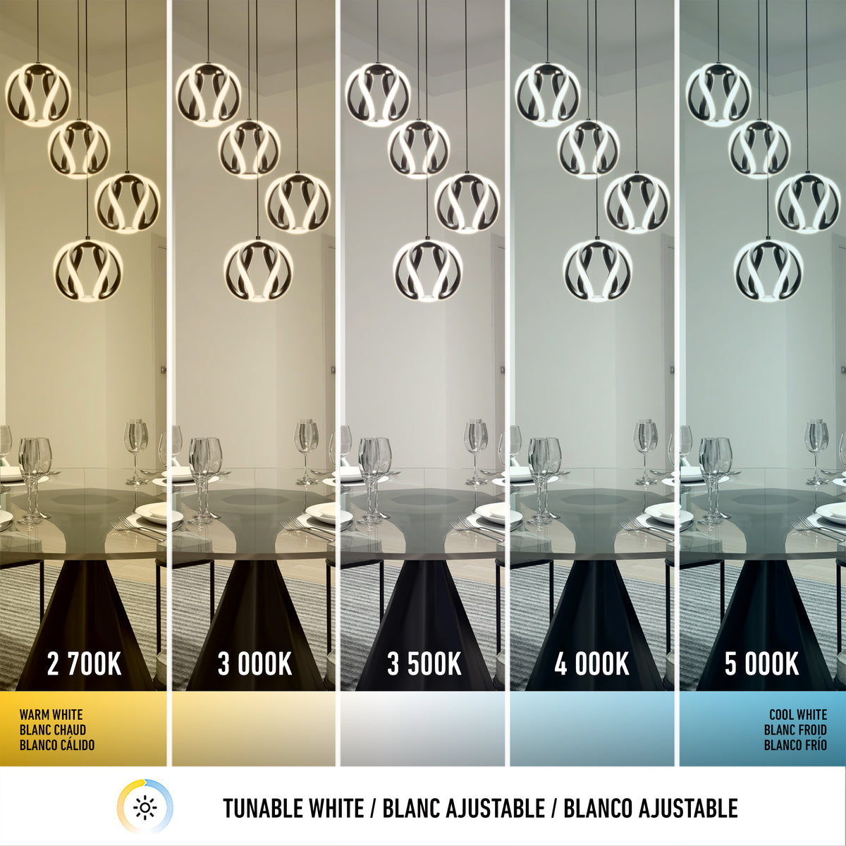 Five side-by-side images of a modern dining room, each lit with different color temperatures ranging from warm (2,700K) to cool white (5,000K), demonstrating the effect of adjustable white lighting.