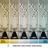 Five side-by-side images of a modern dining room, each lit with different color temperatures ranging from warm (2,700K) to cool white (5,000K), demonstrating the effect of adjustable white lighting.