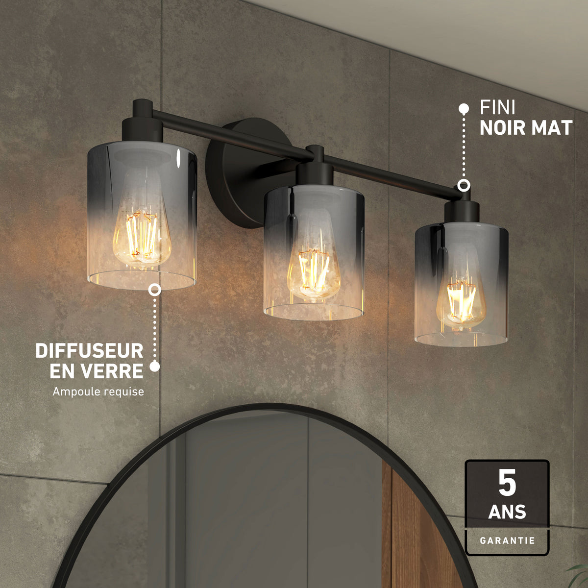 Artika Haze 25-in 3-light LED vanity, matte black with glass shades, perfect for bathrooms. Includes bulbs, 5-year warranty.