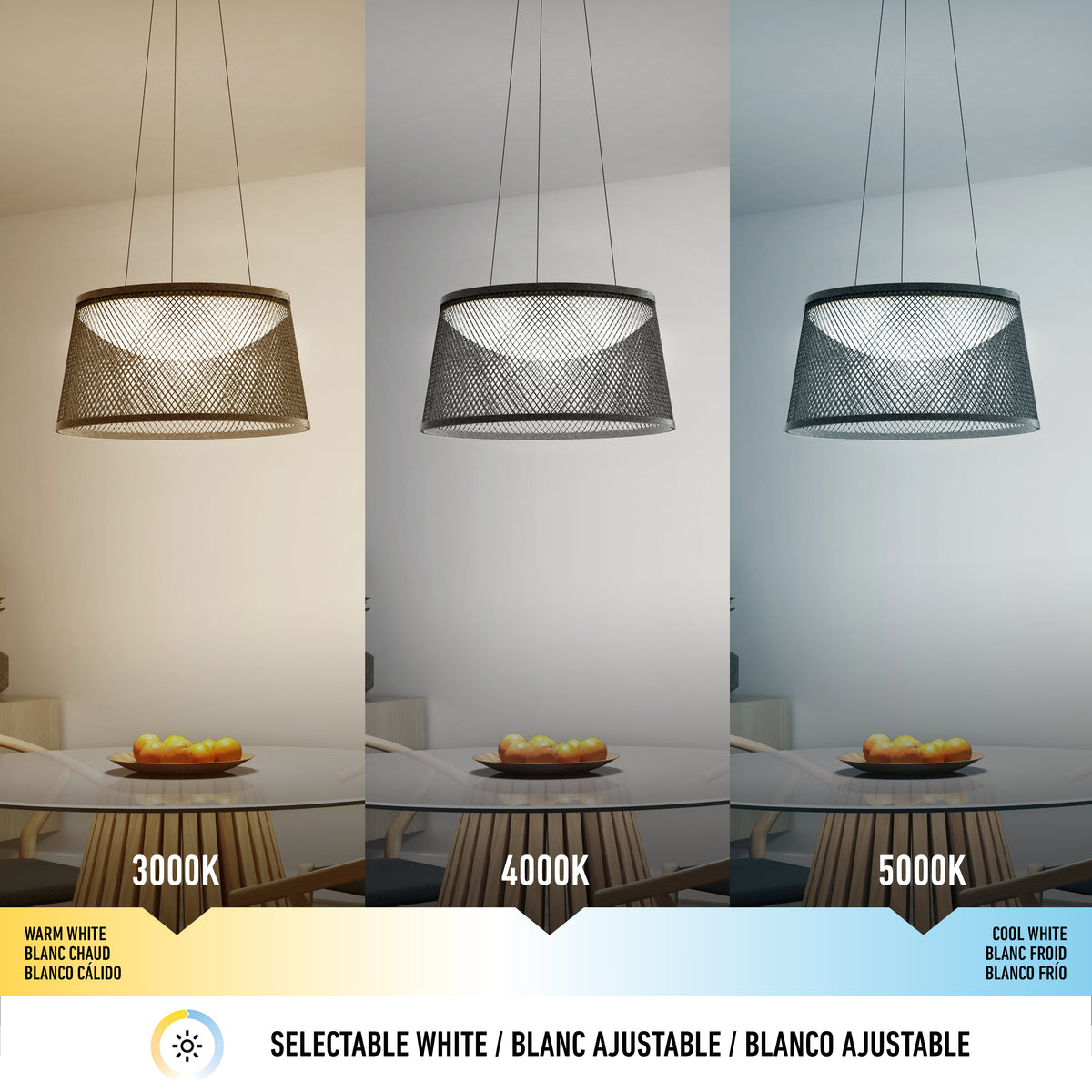A pendant lamp above a dining table is shown in three lighting modes: warm white (3000K), neutral white (4000K), and cool white (5000K), each illuminating the same room with different color tones.