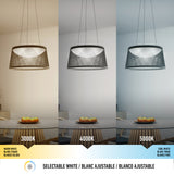 A pendant lamp above a dining table is shown in three lighting modes: warm white (3000K), neutral white (4000K), and cool white (5000K), each illuminating the same room with different color tones.