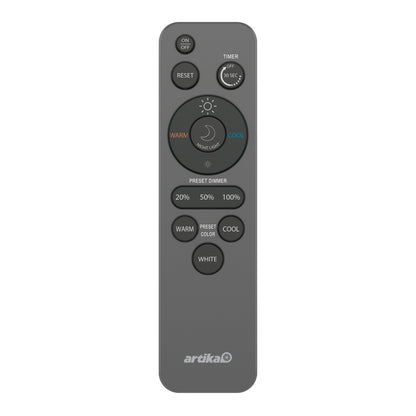The Artika Europa 21 in. LED modern flush mount light comes with a black remote featuring power, timer, reset, warmth/coolness, preset dimmer, and color buttons, plus a white Artika logo at the bottom.