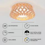 A modern ceiling light with a woven wooden shade is lit, mounted on a white ceiling. Below, icons highlight features: LED integrated, dimmable, 1000 lumens, 50,000 hours, easy installation, and selectable white technology.