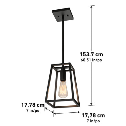 The Artika Carter 1-light pendant is a black geometric fixture with an exposed bulb, measuring 153.7 cm (60.51 in) high and 17.78 cm (7 in) wide/deep, shown on a white background with labeled dimensions.