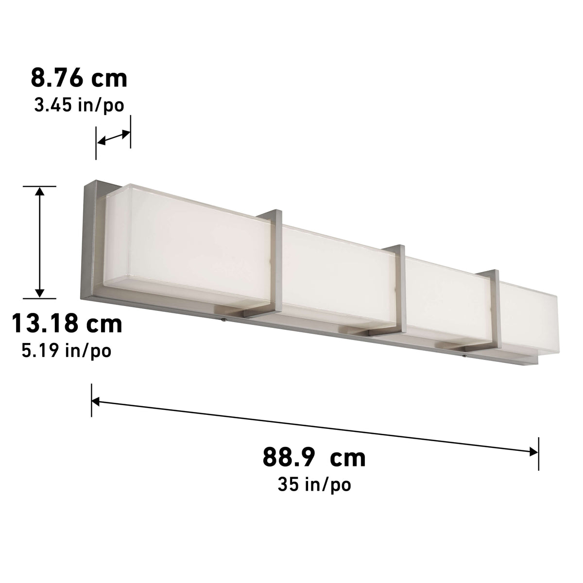 The Artika Subway 35-in (89 cm) Integrated LED Vanity Light Bar features a rectangular brushed nickel frame and four frosted glass shades. It measures 35" L x 5.19" H x 3.45" D, perfect for bathroom spaces.