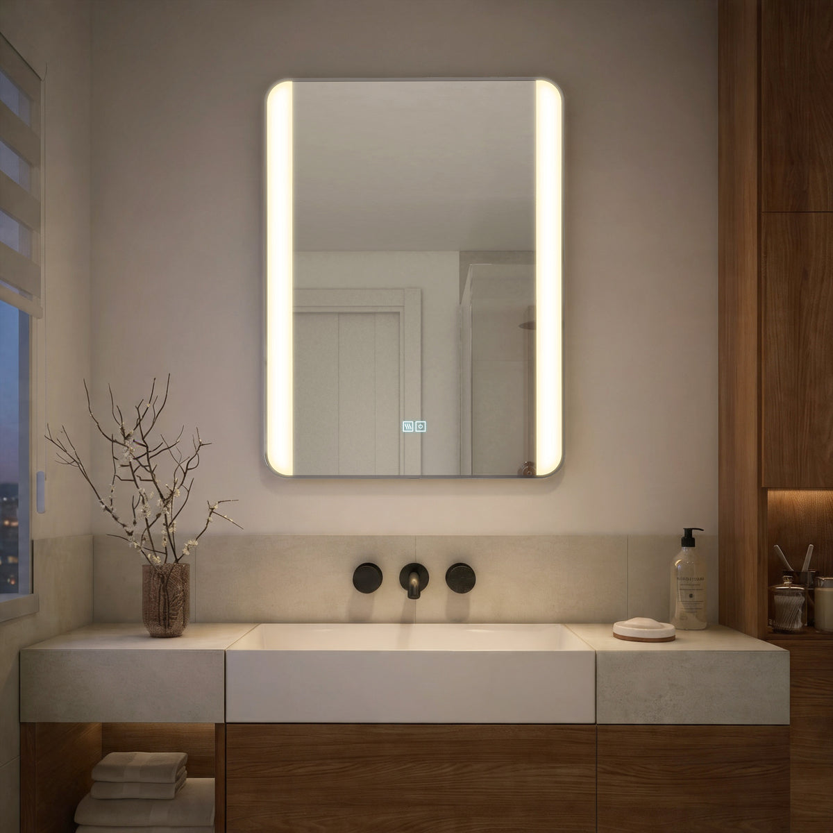 Modern bathroom with Artika Onyx 24″x32″ dimmable LED mirror, minimalist sink, towels, soap dispenser, and a branch-filled vase.