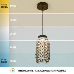 The Benson Mini LED pendant light 5 CCT by Artika features a rattan weave and hangs from the ceiling, shown with five adjustable color temperatures (2700K–5000K), labeled with text and language translations.