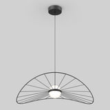 A modern pendant light with a black wireframe shade resembling a half umbrella or fan, suspended from the ceiling by a thin black cord; a round white bulb sits at the center.