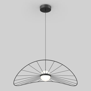 The Artika Tolena LED pendant light 3 CCT features a modern black wire semicircle frame with a central white globe bulb, suspended from a black ceiling mount against a plain light gray background.
