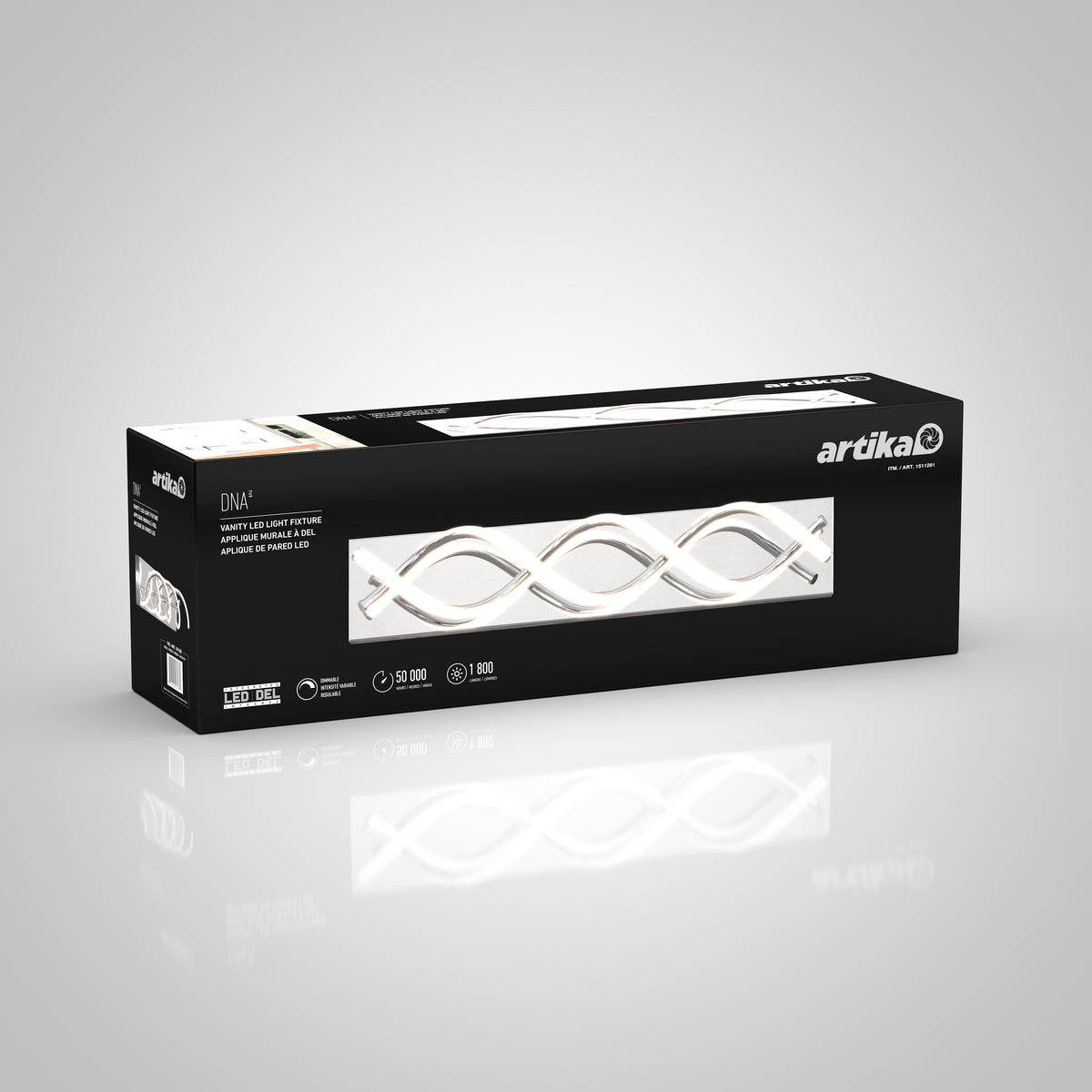 A rectangular black box for an Artika LED light fixture called Ona. The packaging shows an image of the wave-shaped fixture, product details, and branding on a white-gray background.