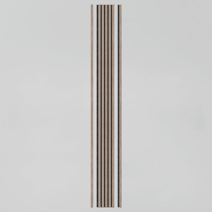 The Artika Sonolok sound-absorbing wall panel kit features a central vertical pattern of evenly spaced black and brown lines on a plain light gray background.