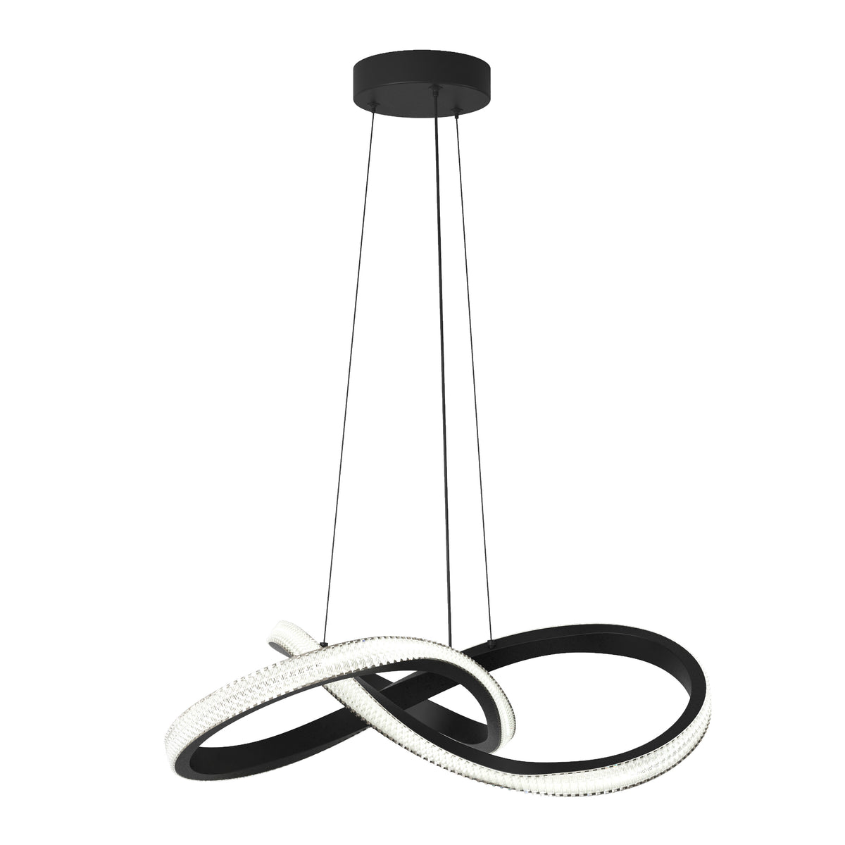 A modern, sculptural black pendant light with two intertwined LED loops, suspended by three thin wires from a round ceiling mount. The loops have bright white illuminated edges, creating a stylish and artistic lighting fixture.