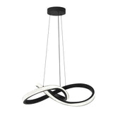 A modern, sculptural black pendant light with two intertwined LED loops, suspended by three thin wires from a round ceiling mount. The loops have bright white illuminated edges, creating a stylish and artistic lighting fixture.