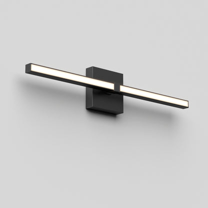 The Artika Convertible Pro 2 Wall Mounted bathroom vanity light features a modern black LED design with a horizontal rectangular bar and central square base, illuminated on a plain light gray wall.
