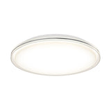 A modern, round, flush-mount ceiling light fixture with a white diffuser and metallic edge, illuminated and photographed against a white background.