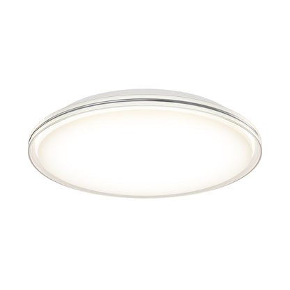 The Artika Astrid 16.5 in. LED flush mount light features a modern round design, white finish, and glowing diffused center; shown from below against a plain white background. Includes 5 CCT settings and remote control.