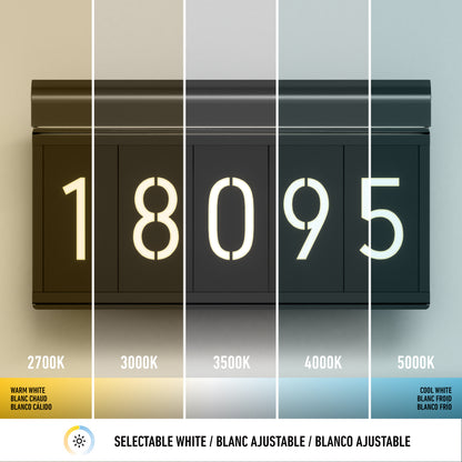 The Artika Bowen modern LED outdoor address wall light 5 CCT displays house numbers illuminated at five color temperatures, from warm white (2700K) to cool white (5000K), showing each option for customizable curb appeal.