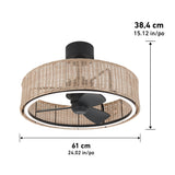 A ceiling fan with a black fixture and three blades, surrounded by a round, woven rattan shade. Dimensions shown: 38.4 cm (15.12 in) tall and 61 cm (24.02 in) wide.