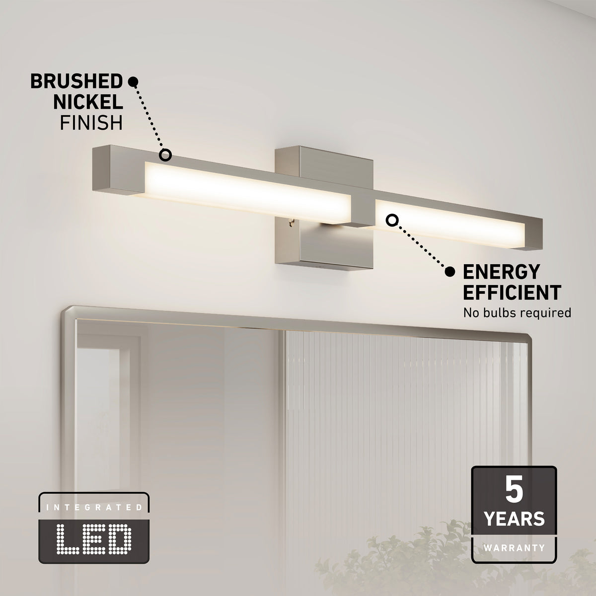 The Artika Tivoli modern LED bathroom vanity light 5 CCT in brushed nickel is mounted above a mirror. Text notes its energy efficiency, integrated LED, and adjustable lighting. A 5-year warranty badge is shown in the bottom right corner.