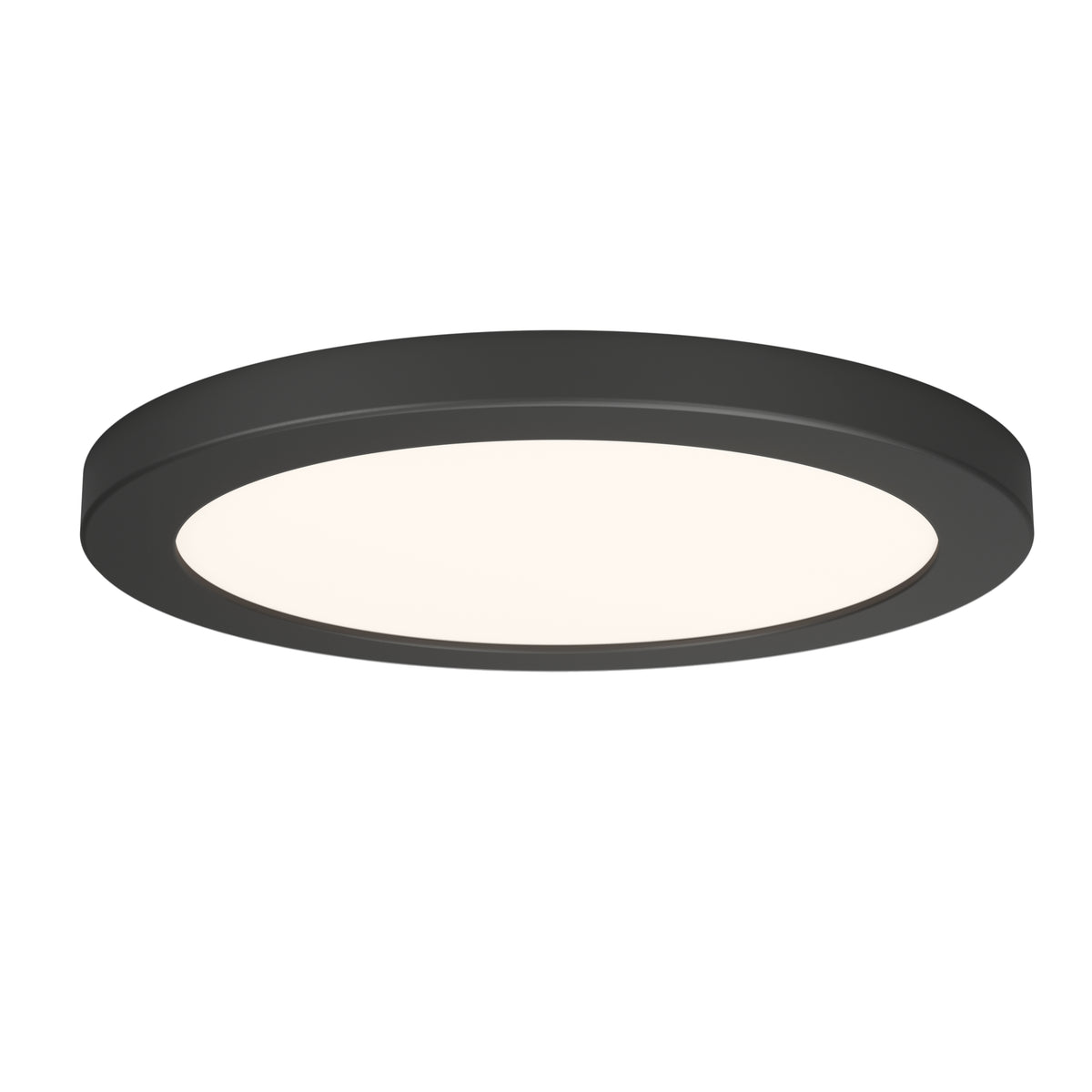 A modern, round, black ceiling light fixture with a flat, white illuminated surface, designed for flush mounting.