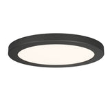 A modern, round, black ceiling light fixture with a flat, white illuminated surface, designed for flush mounting.