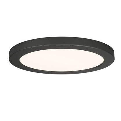 A modern, round, black ceiling light fixture with a flat, white illuminated surface, designed for flush mounting.