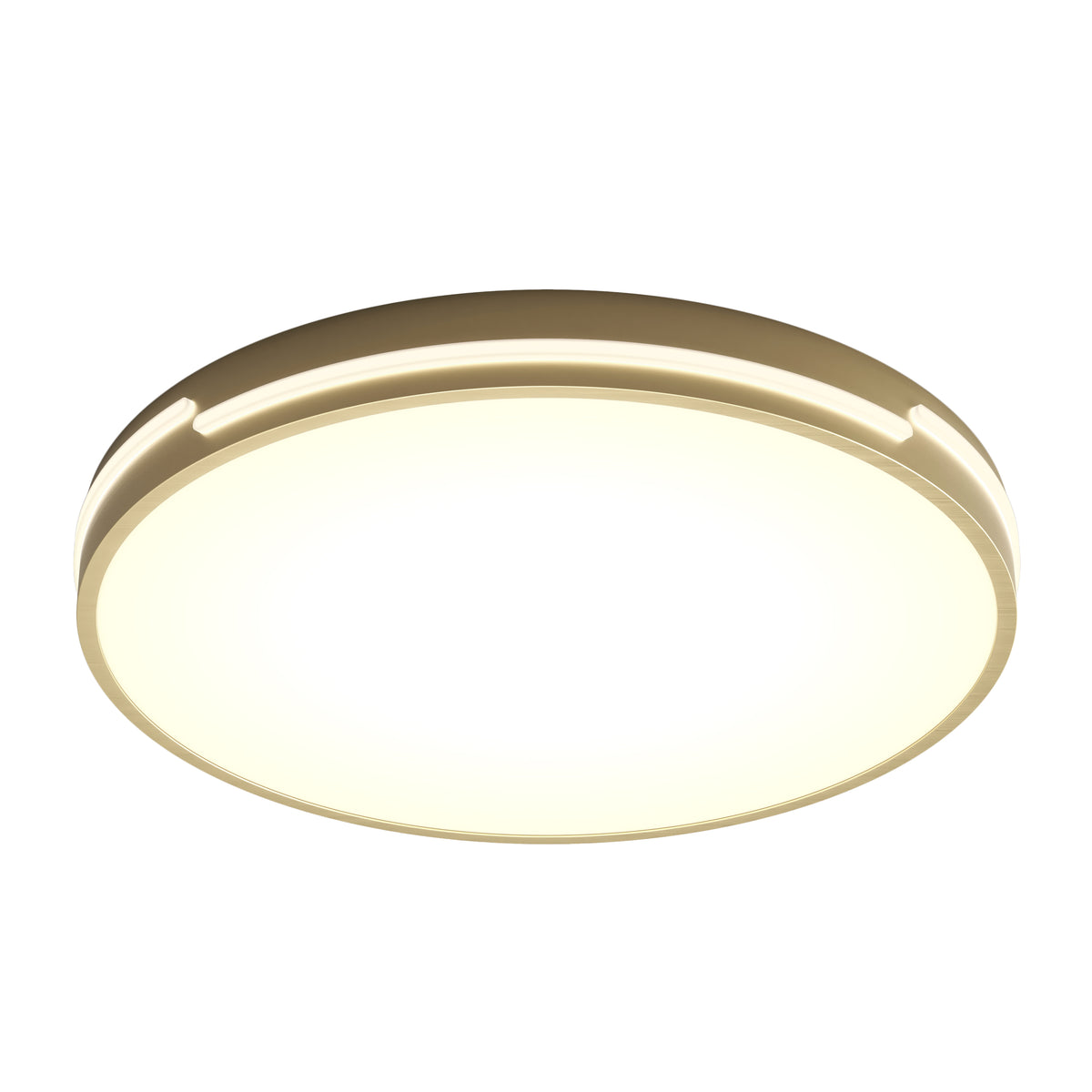 A round, modern ceiling light fixture with a warm, glowing white surface and a gold-colored frame, shown from a bottom angle against a plain white background.