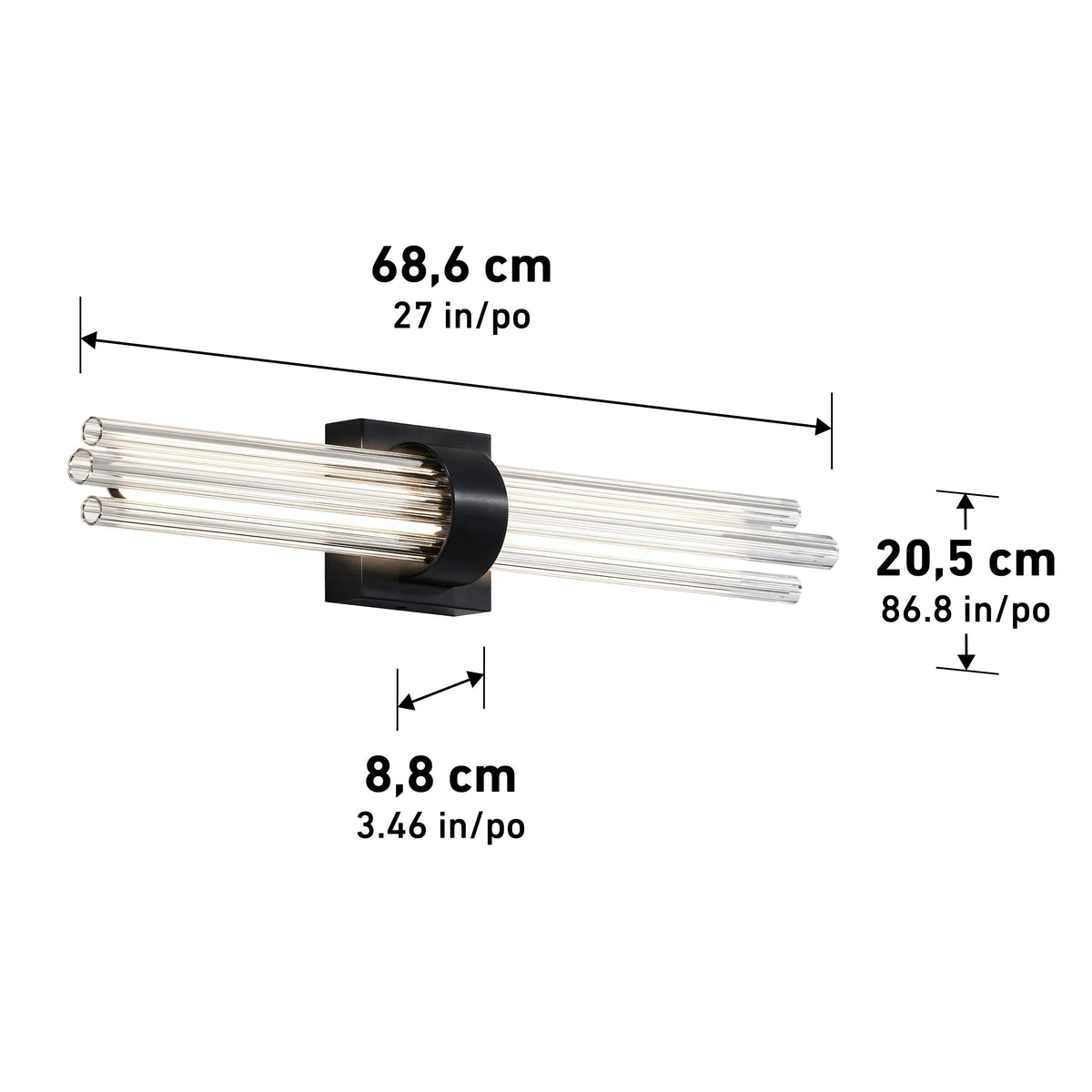 Artika Dorado 27 in. (69 cm) LED Wall Vanity, dimmable, black mount, 1-light, measures 69x20.5x8.8 cm.