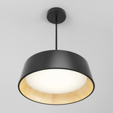 A modern ceiling pendant light with a black outer shade and a light wood-finished inner lining, suspended from a black rod against a plain white ceiling. The light is turned on, softly illuminating the interior.