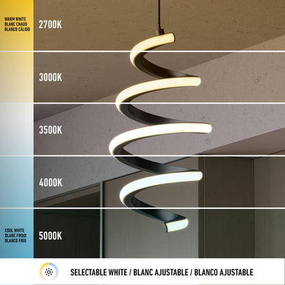 The Artika Chorus 1-light LED pendant features 5 selectable color temperatures (2700K–5000K), displayed on the left, with “Selectable White” noted below in English, French, and Spanish.