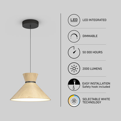 The Artika Inoa LED pendant light 5 CCT in black and wood features selectable white technology, 2000 lumens, dimmable LED (50,000-hour lifespan), and easy installation.