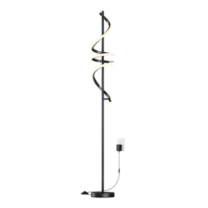 The Artika Coda modern LED floor lamp 5CCT features a black spiral light design on a round base. Plugged into a wall outlet, its minimalist style seamlessly blends form and function for contemporary spaces.