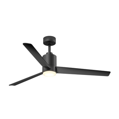 The Artika Ellison 52 in. LED modern ceiling fan features three blades, a built-in light fixture, and comes with a remote, all in a sleek black finish and mounted on a short downrod.