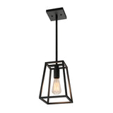 A modern pendant light with a black metal frame and an exposed Edison bulb, suspended from a rectangular ceiling mount by a straight rod.