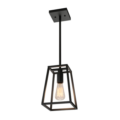The Artika Carter 1-light pendant features a modern black geometric open metal frame with a single exposed bulb, suspended from a square ceiling mount.