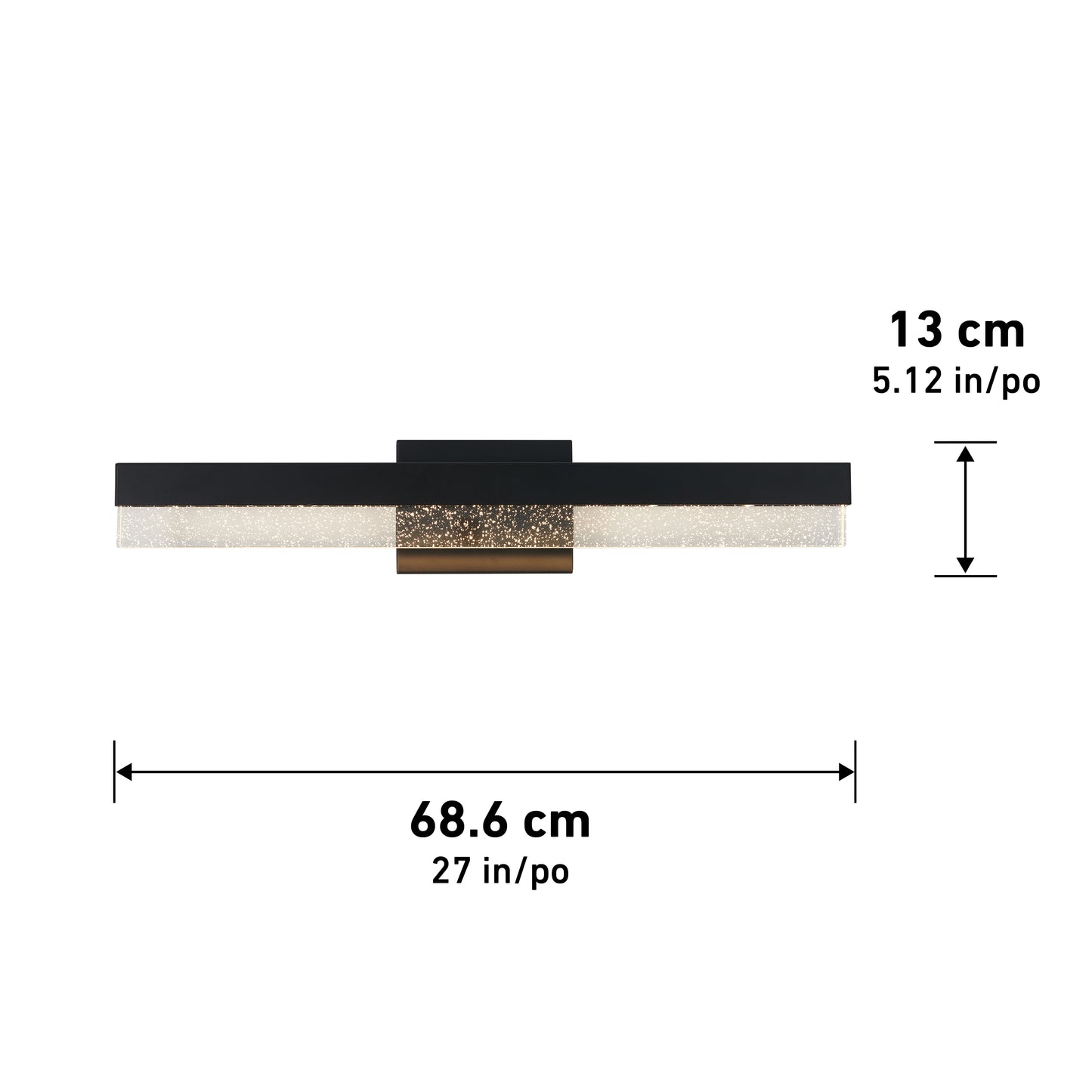 The Artika Bubble Bar LED bathroom vanity light features a black and gold rectangular design, measures 68.6 cm (27 in) wide by 13 cm (5.12 in) tall, and is shown against a white background with labeled dimensions.